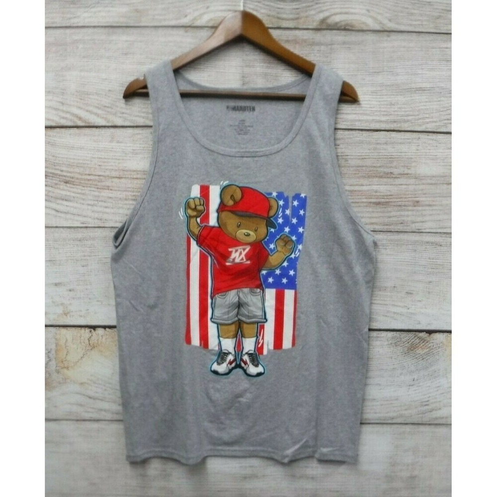 Hard Ten Shirt Mens Size Large Grey Hipster Flag Bear Graphic Tank Top Tee New